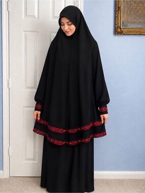 Women Black prayer garments with Red Embroidered Trim